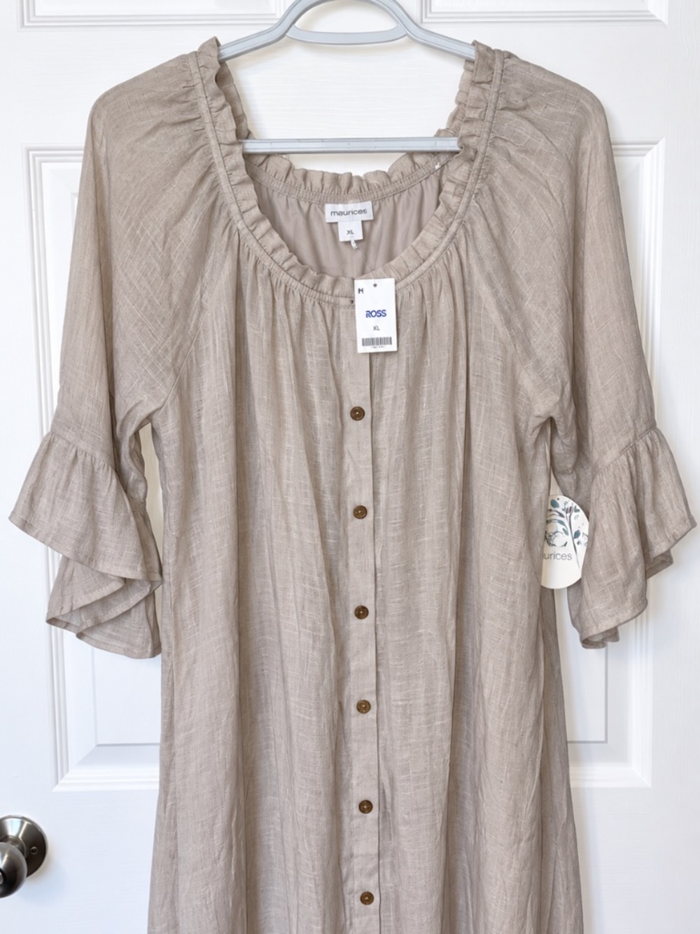 NWT Maurices Beige Button Front Ruffle Sleeve Dress XL